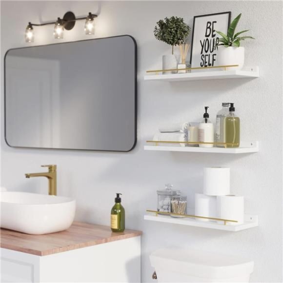 Floating Shelves with Gold Metal Guardrail 16inc Shelves for Wall Decor Set of 3 - Picture 2 of 16